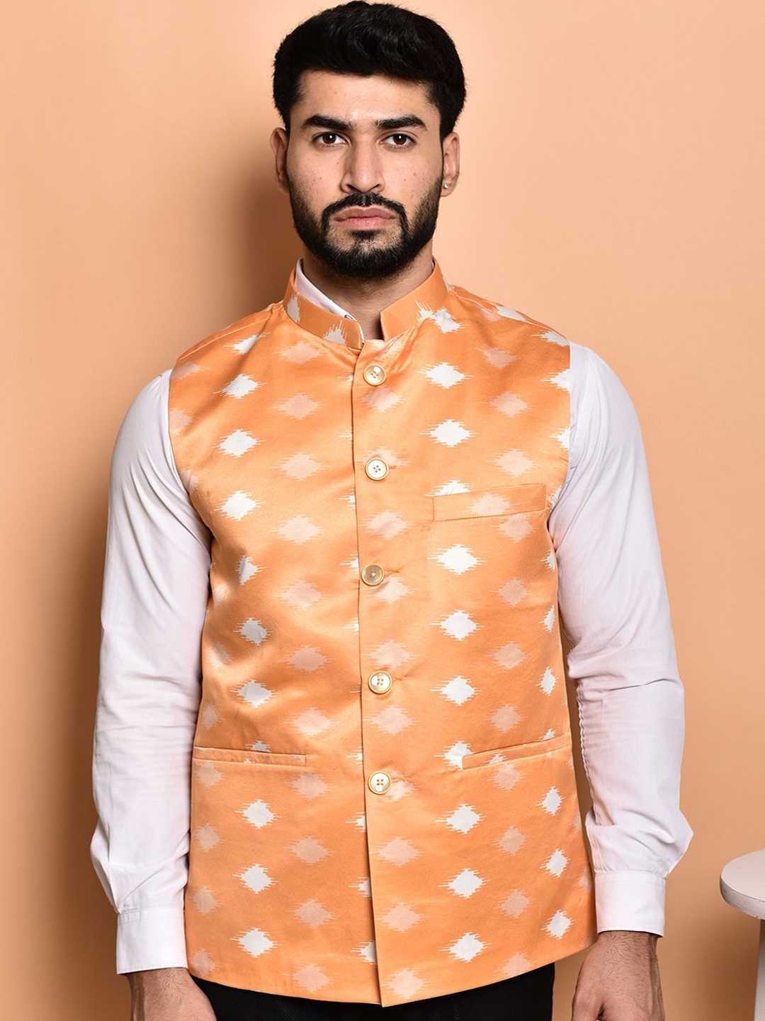 

PRINTINDIA Men Printed Woven Nehru Jacket, Orange