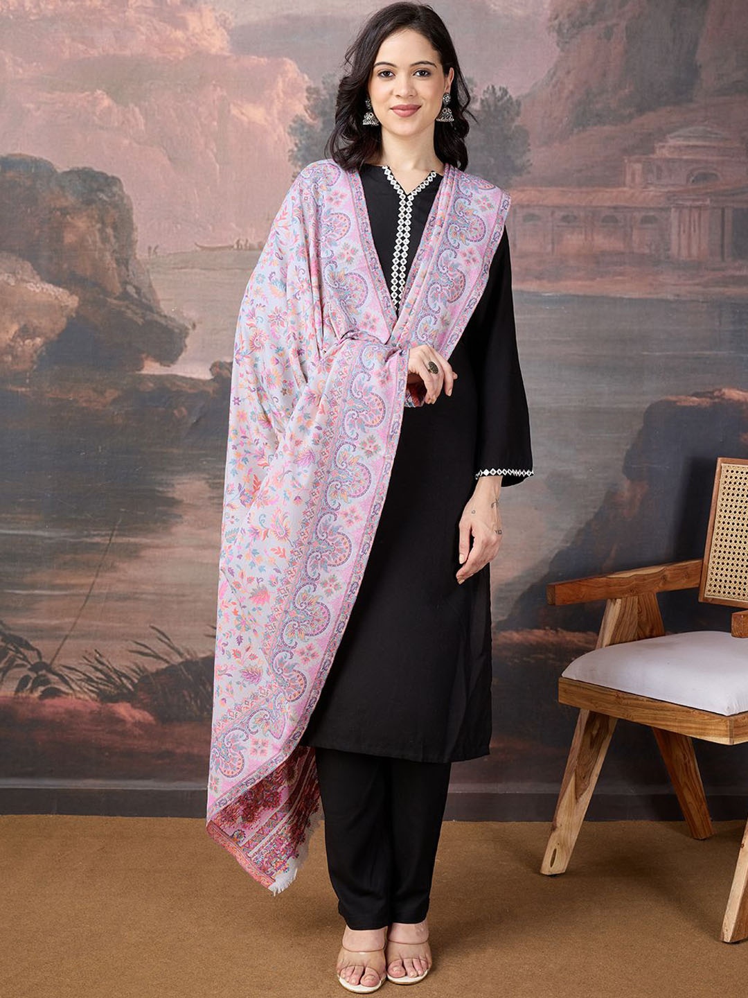

House of Pataudi Women Floral Woven Design Shawl, White