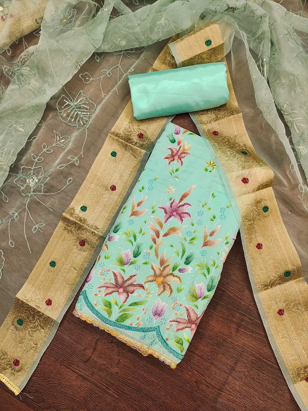 

Maroosh Embellished Organza Unstitched Dress Material, Sea green