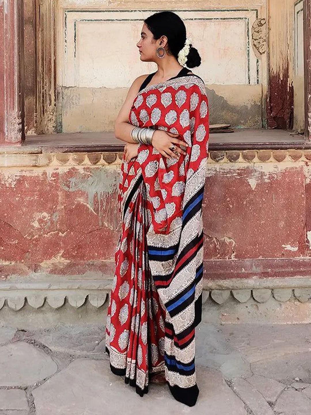 

HERE&NOW Ethnic Motifs Printed Pure Cotton Bagru Saree, Red