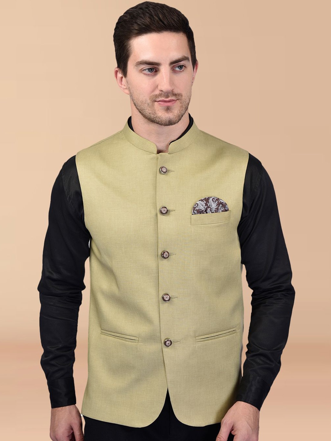 

PRINTINDIA Men Mandarin Collar Nehru Jacket, Beige