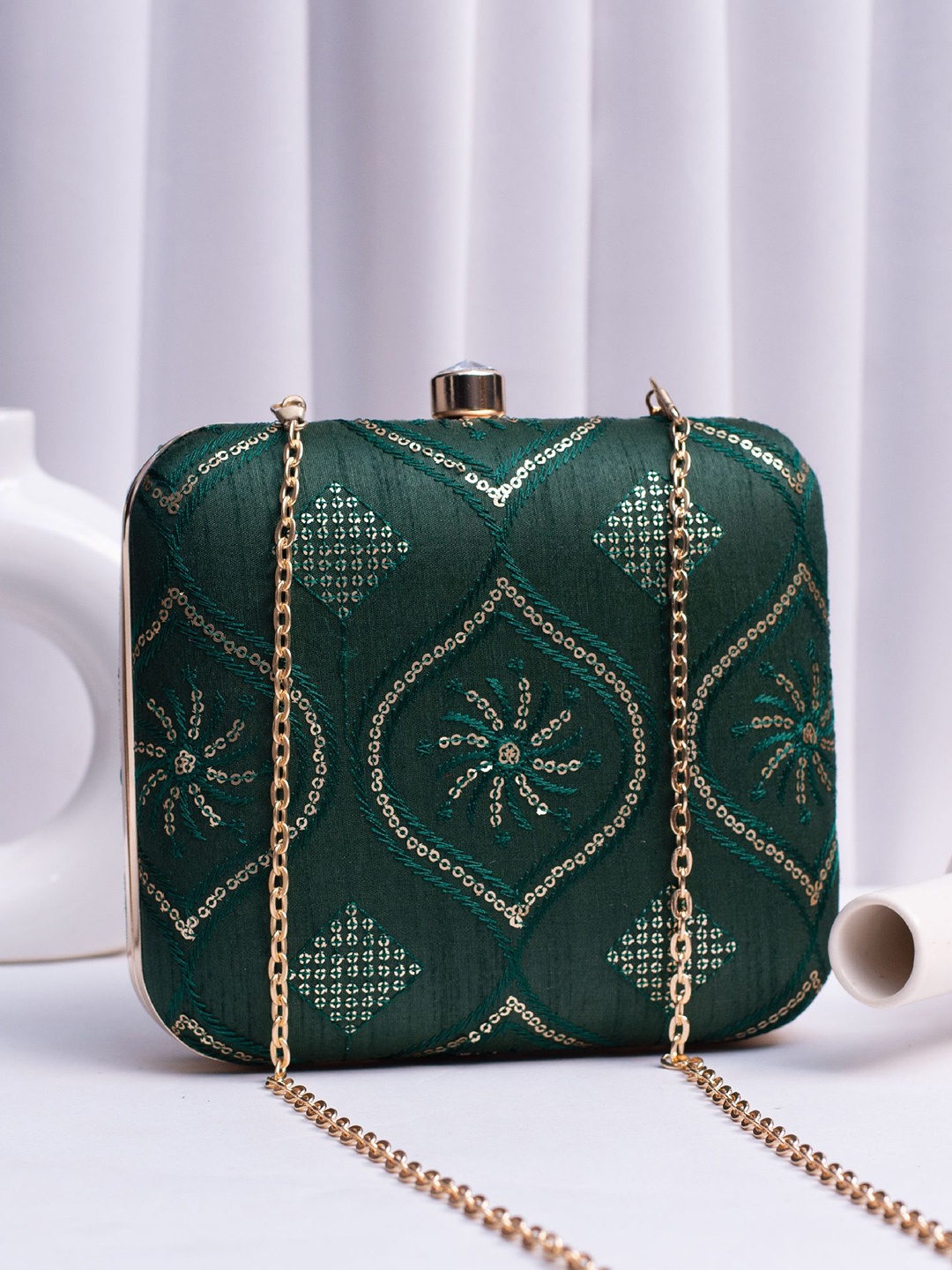 

ARTKLIM Embroidered Embellished Box Clutch, Green