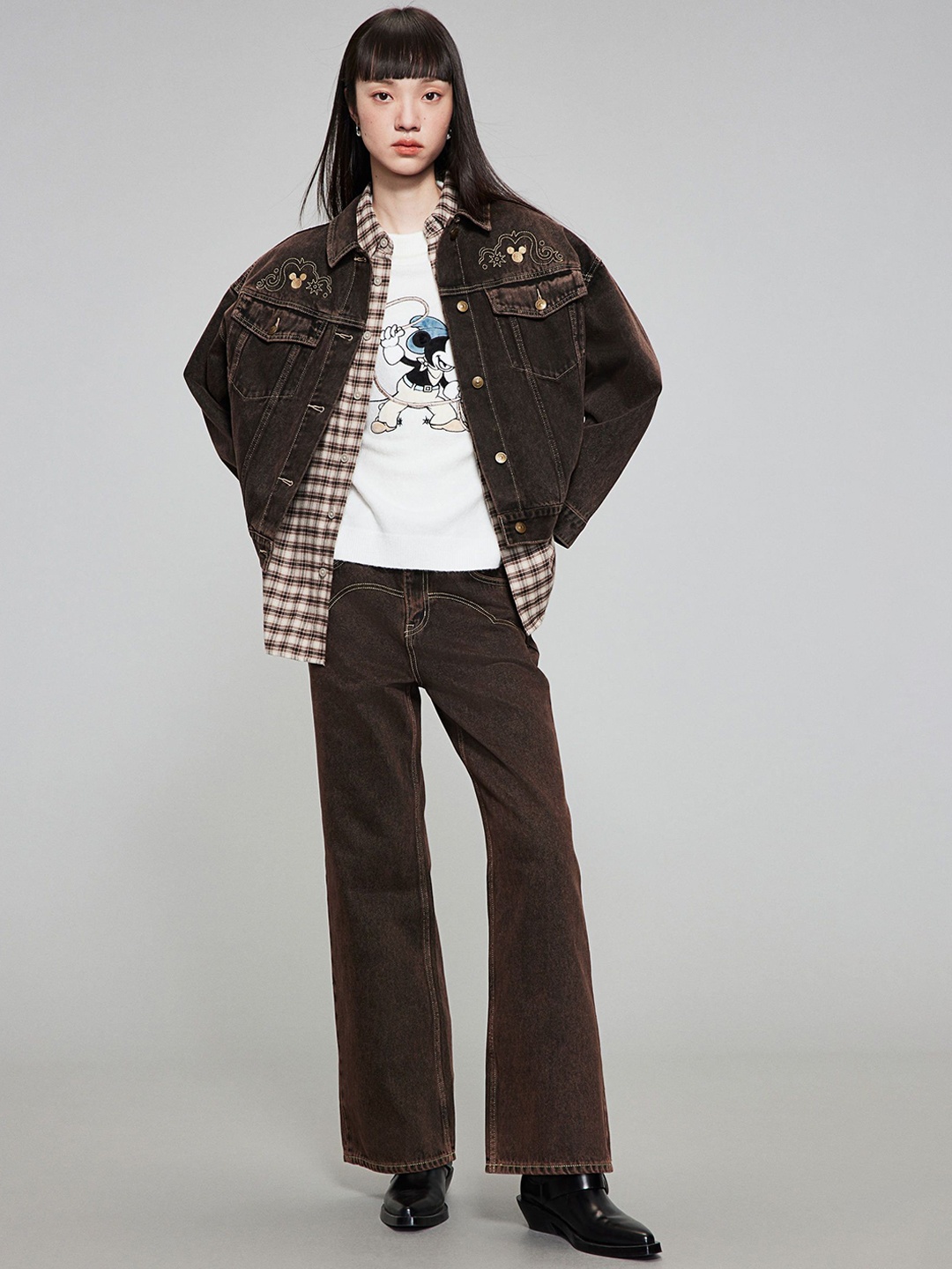 

H&M Motif-Detail Twill Trousers, Brown