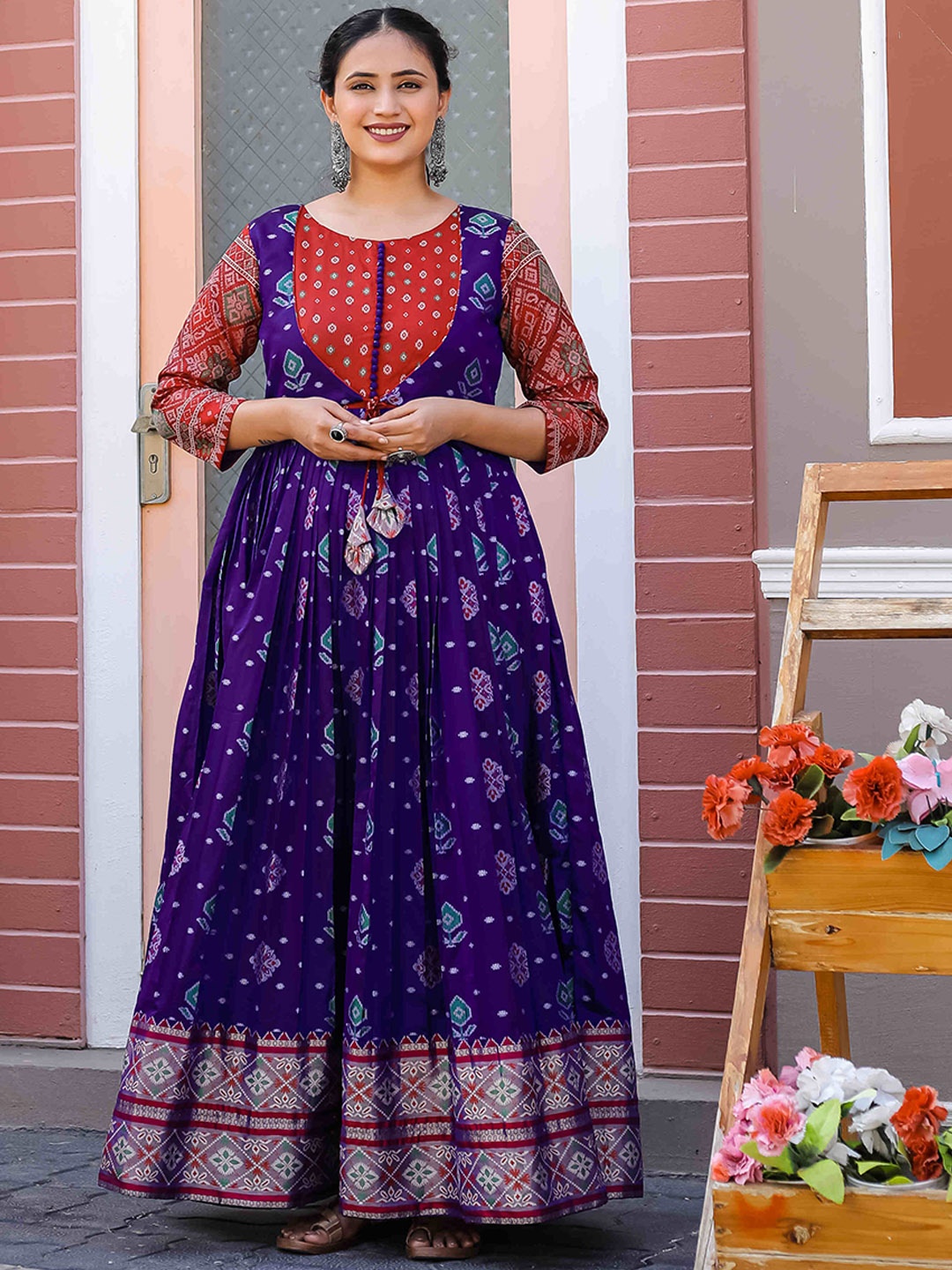 

DEVATITHI Printed Round Neck Maxi Ethnic Dress, Violet