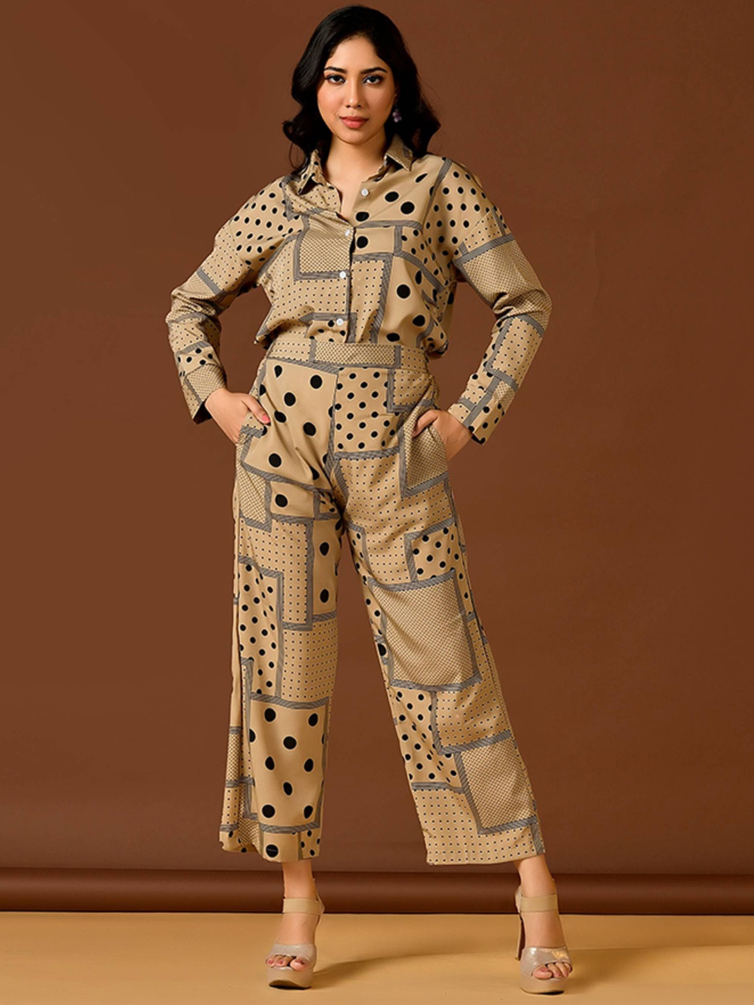 

Unityshop Printed Long Sleeves Shirt & Trouser, Brown
