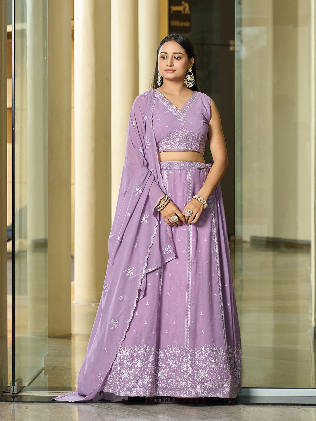 

KALINI Embroidered Thread Work Semi-Stitched Lehenga & Unstitched Blouse With Dupatta, Purple