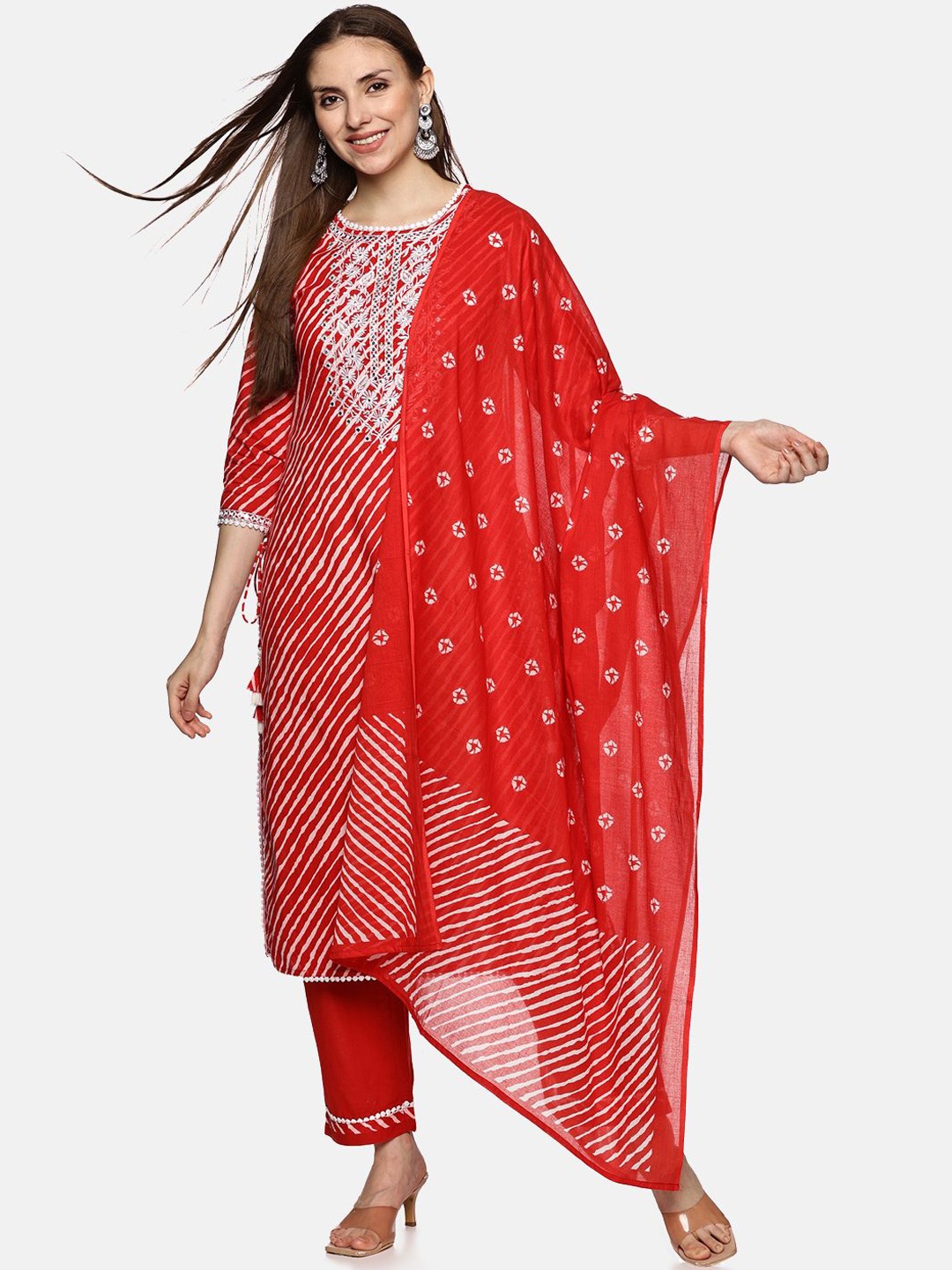 

RAJMANDIRFABRICS Floral Embroidered Mirror Work Pure Cotton Kurta With Trousers & Dupatta, Red