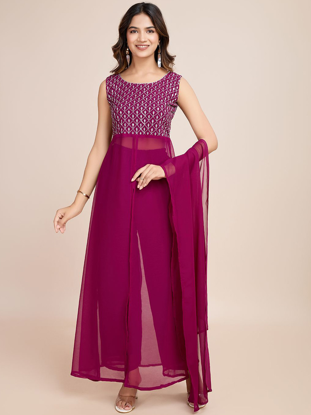 

AKSHARAM Women Floral Embroidered Regular Sequinned Kurta with Trousers & With Dupatta, Magenta