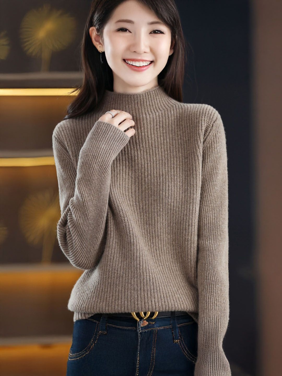 

StyleCast Women Ribbed Woollen Pullover, Camel brown