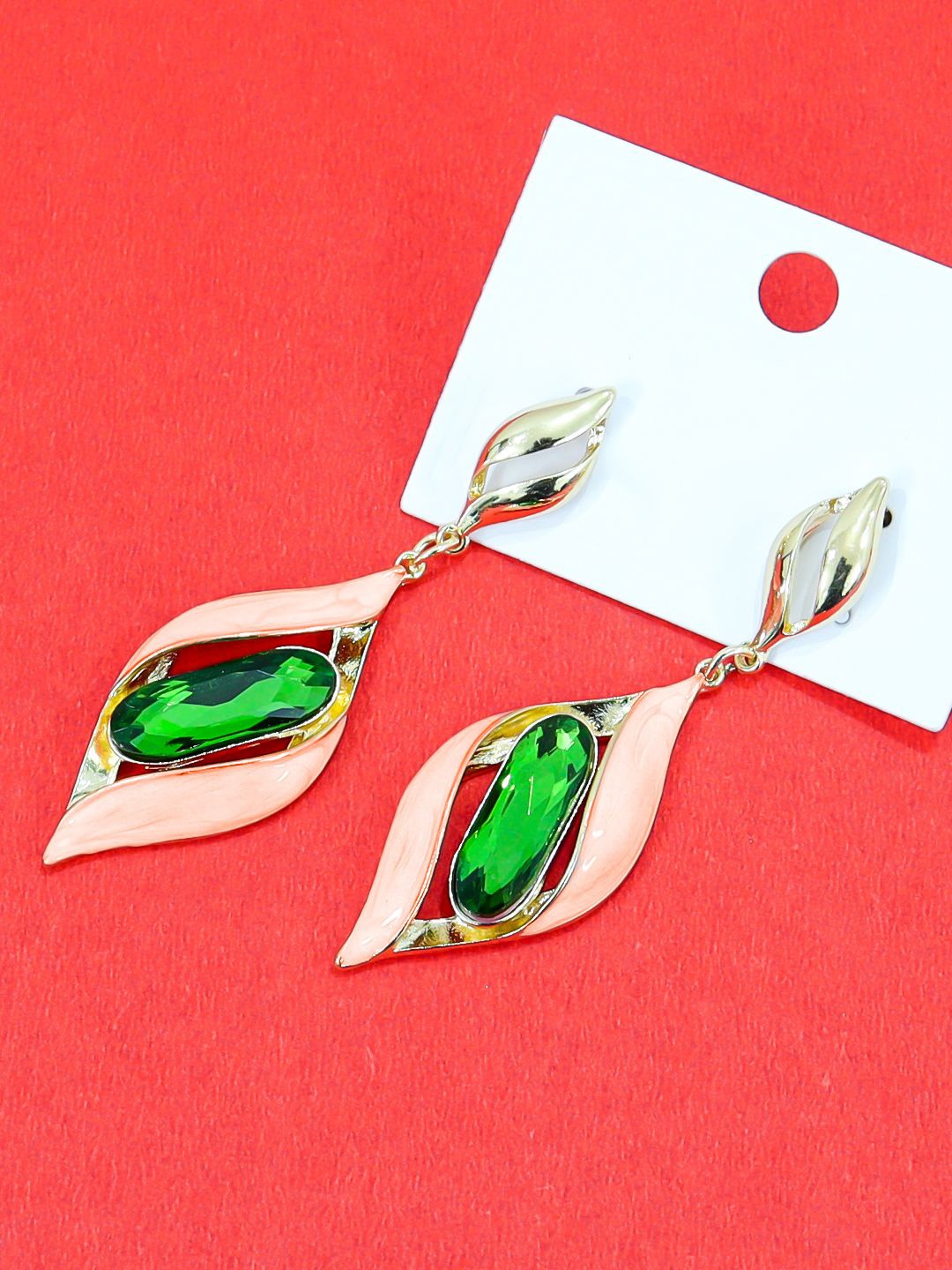 

KRENOZ Gold Plated Rhinestone Studded Contemporary Drop Earrings, Peach