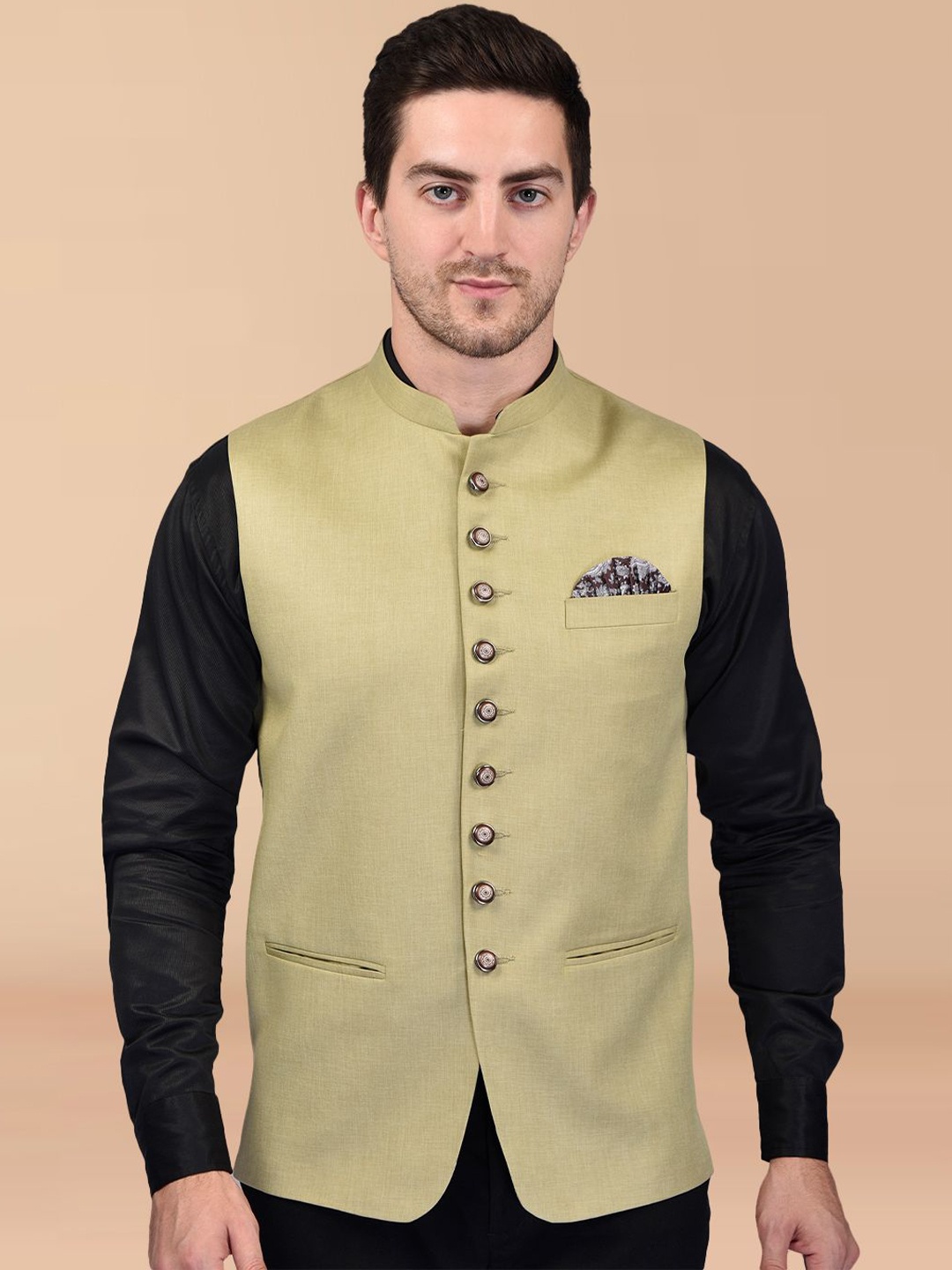 

PRINTINDIA Men Sleeveless Mandarin Neck Nehru Jacket, Olive
