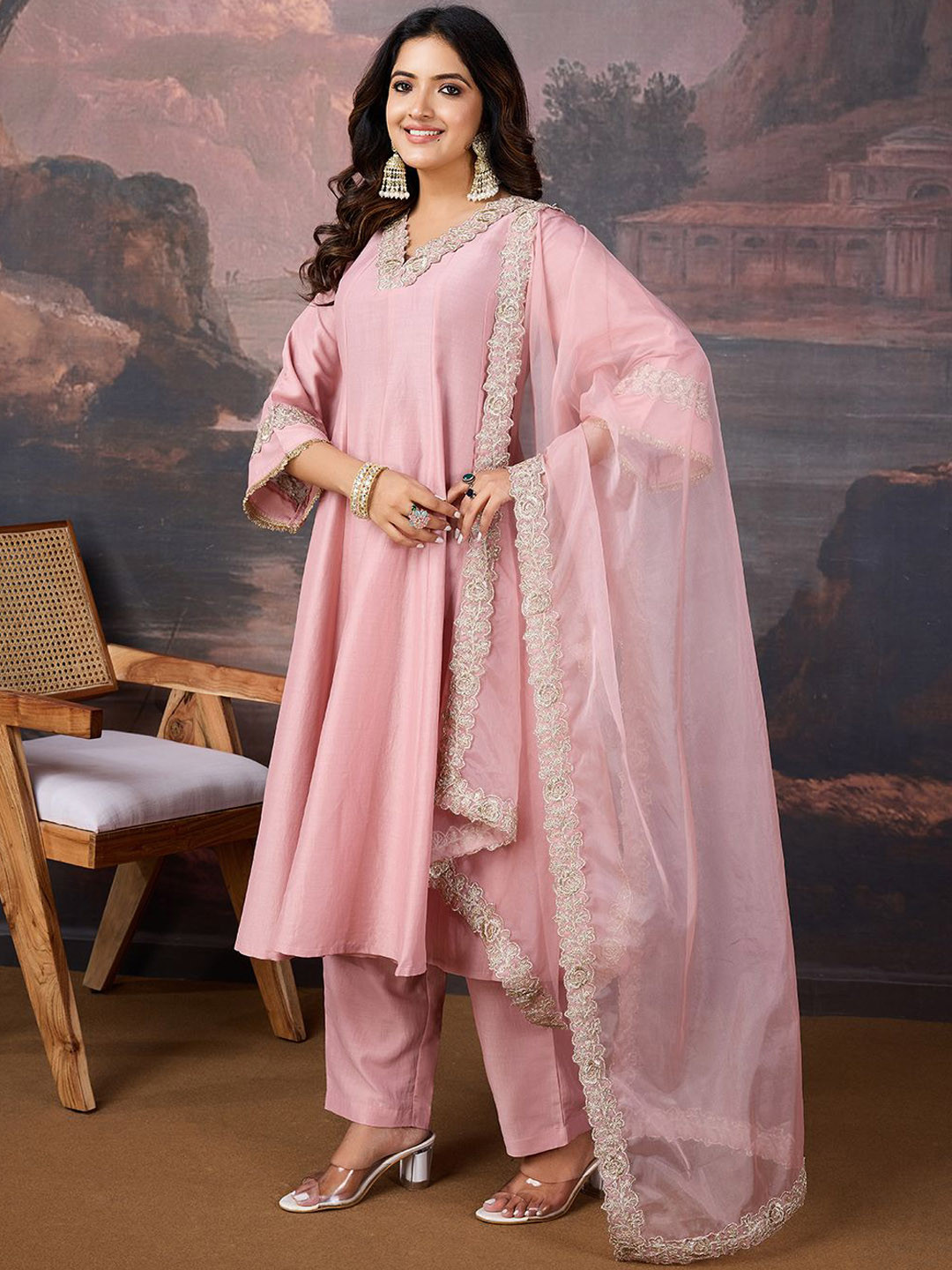 

House of Pataudi Embroidered Flared Sleeves Anarkali Kurta With Trouser & Dupatta, Pink