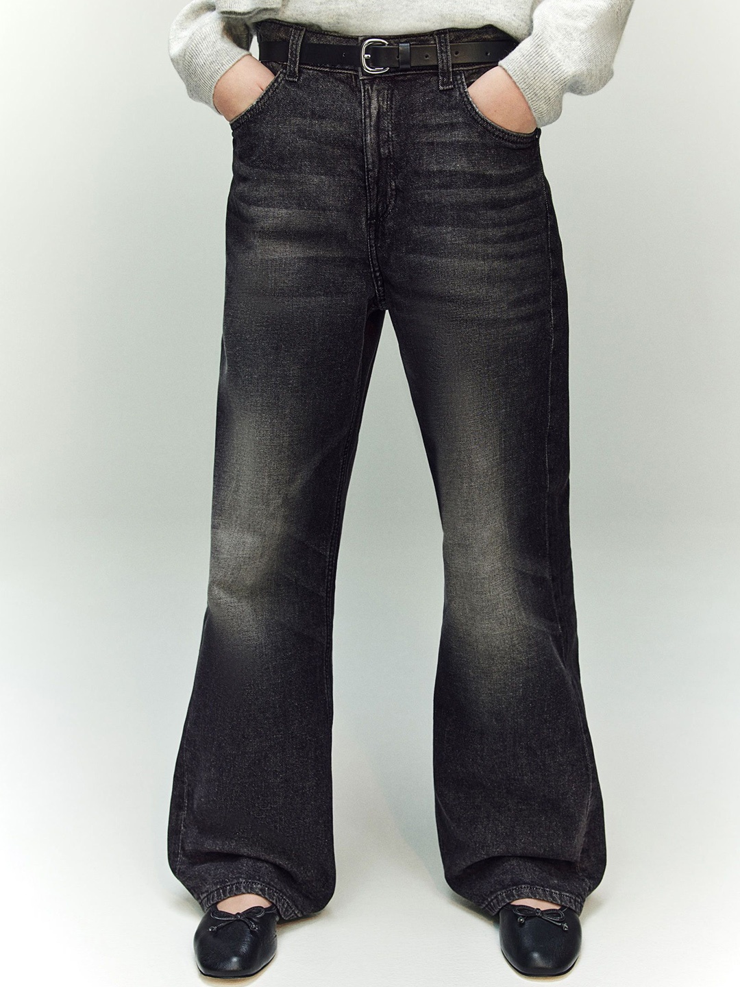 

H&M Girls Baggy Fit Bootcut Leg Jeans, Black