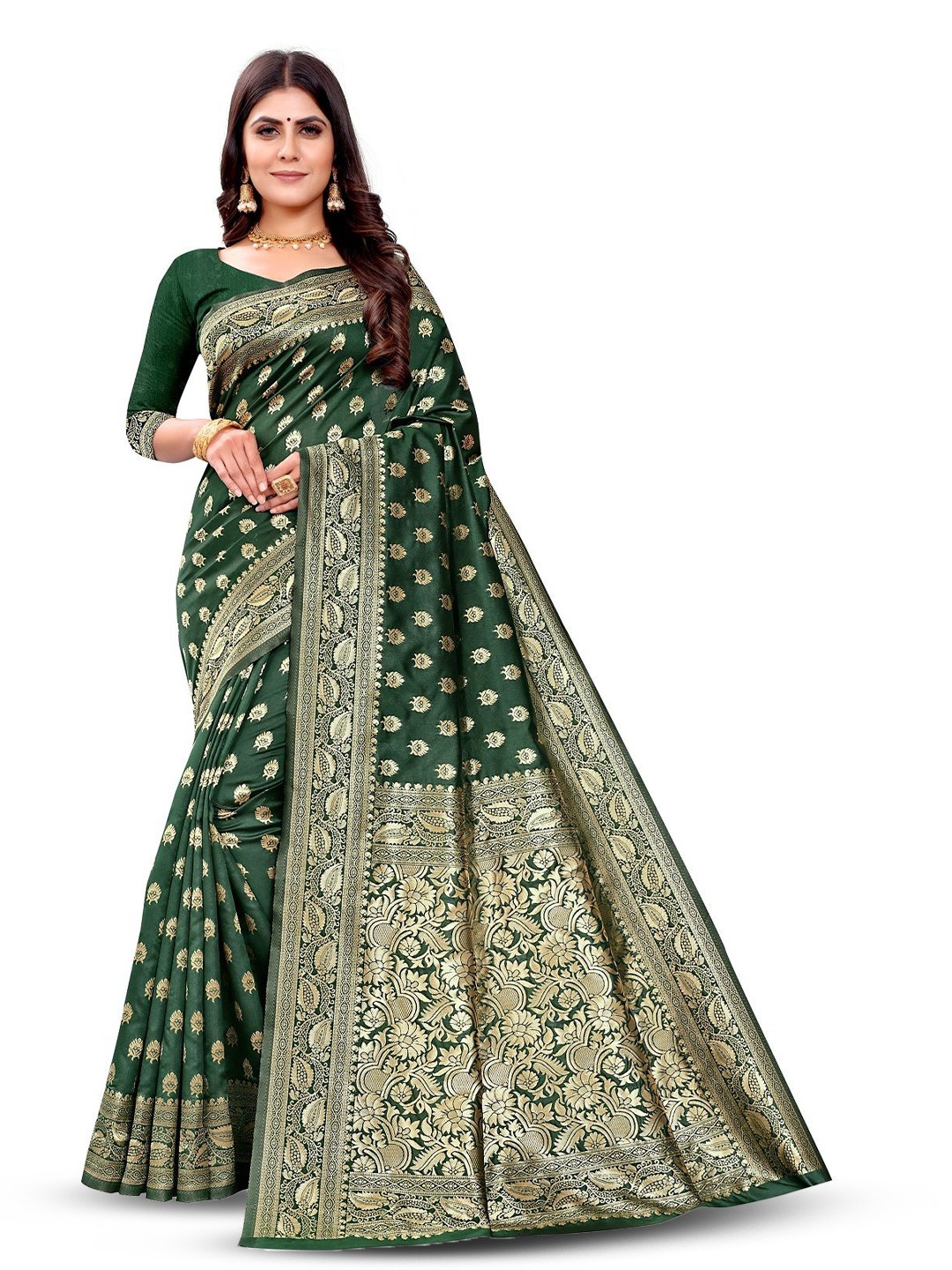 

KALINI Woven Design Zari Silk Blend Kanjeevaram Saree, Green