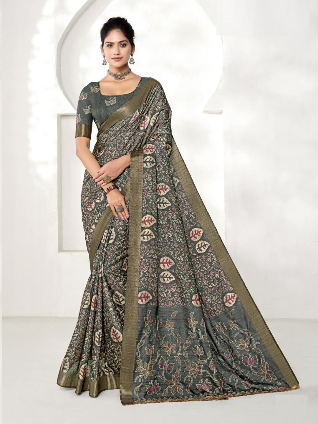 

MAHALASA Woven Design Zari Art Silk Tussar Saree, Grey