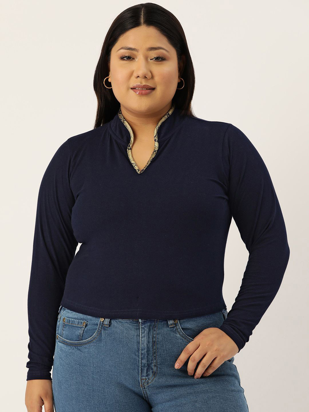

theRebelinme Mandarin Collar Cotton Crop Top, Navy blue