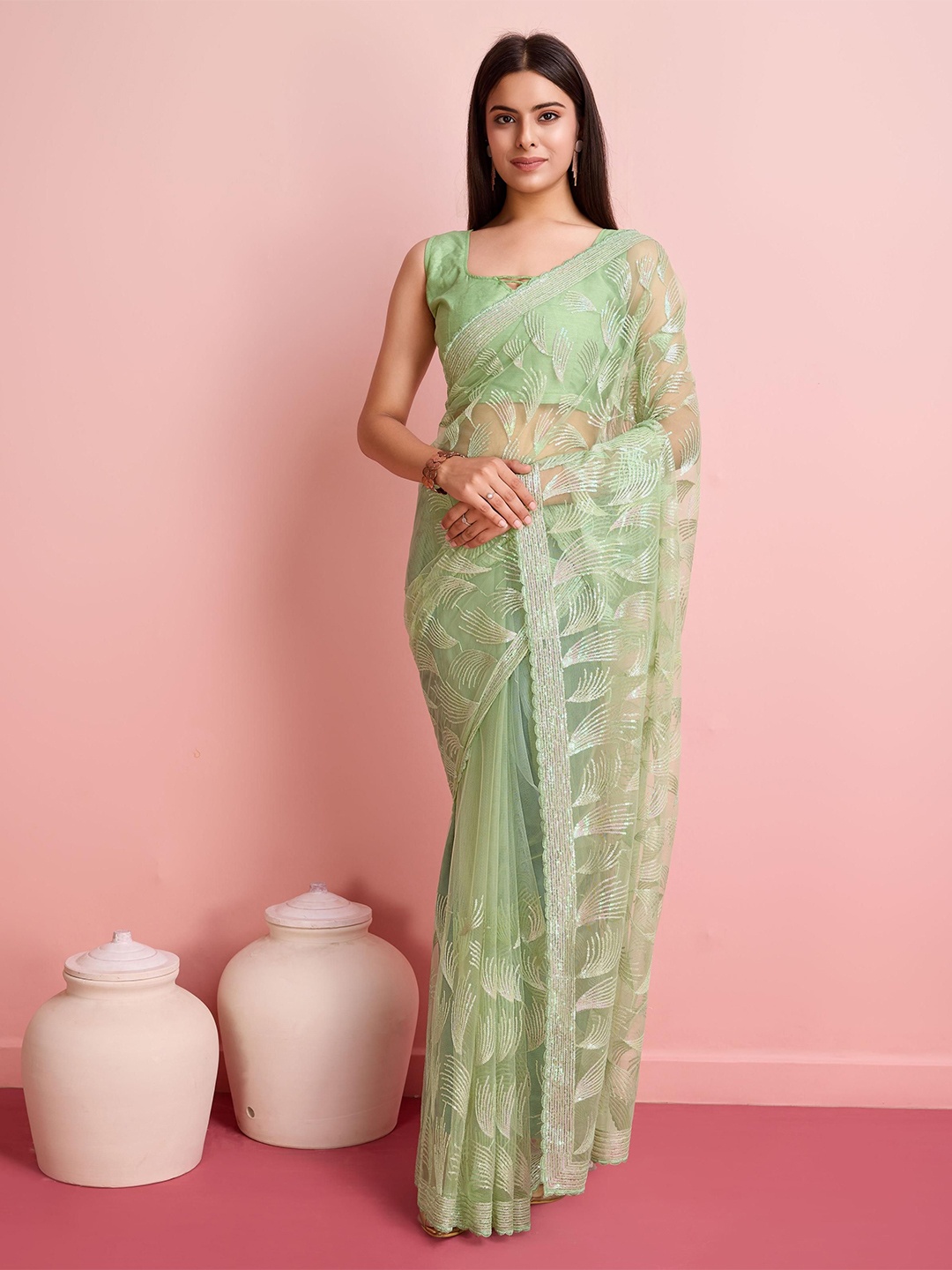 

HERE&NOW Embellished Sequinned Saree, Olive