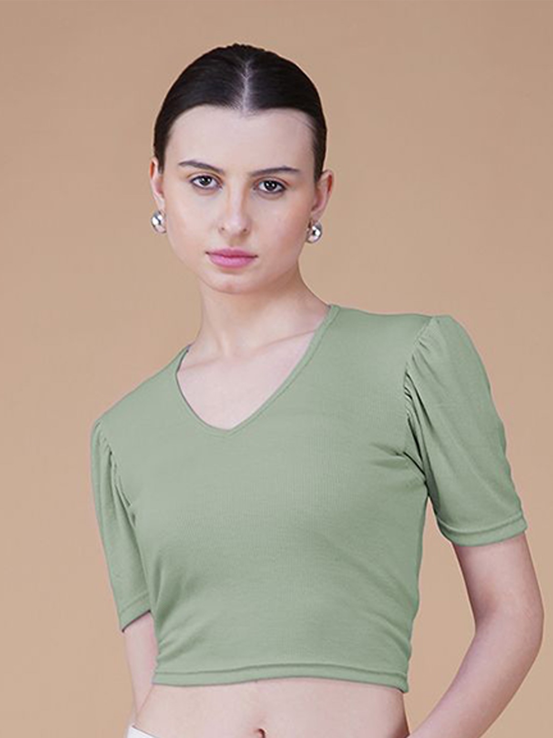 

Lagashi Women Puff Sleeve Crop Top, Green