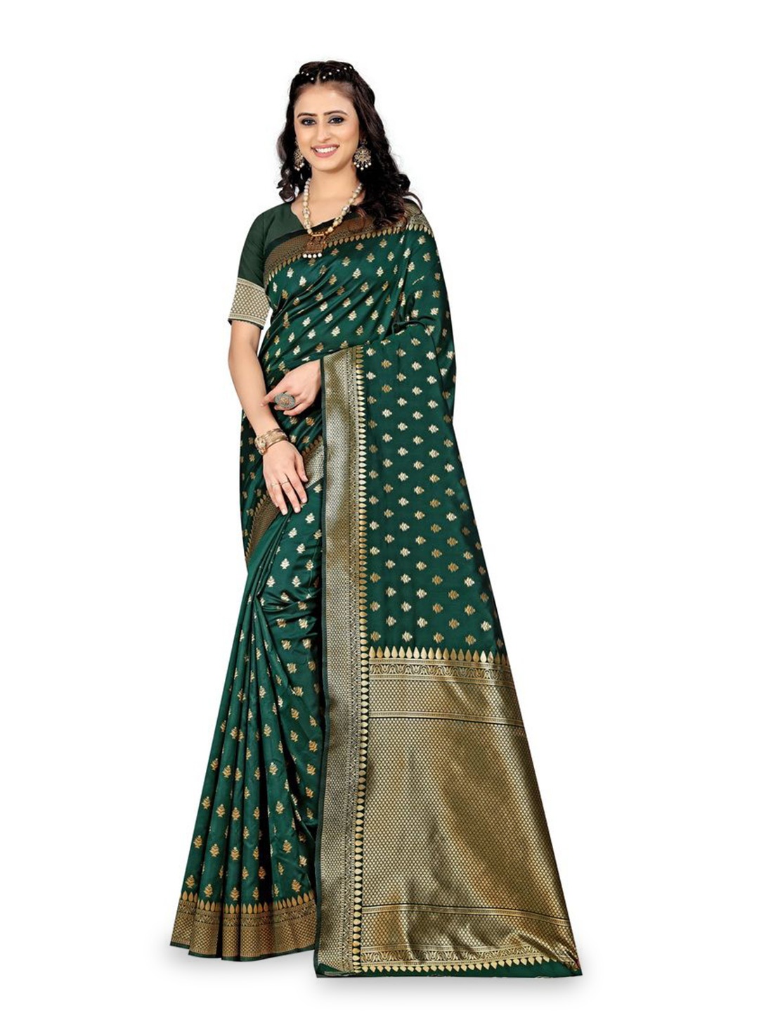 

KALINI Woven Design Zari Silk Blend Kanjeevaram Saree, Green