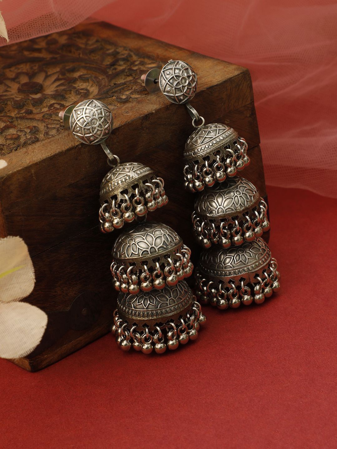 

VIVAZS Silver-Plated Stone Studded & Beaded Dome Shaped Oxidized Jhumkas