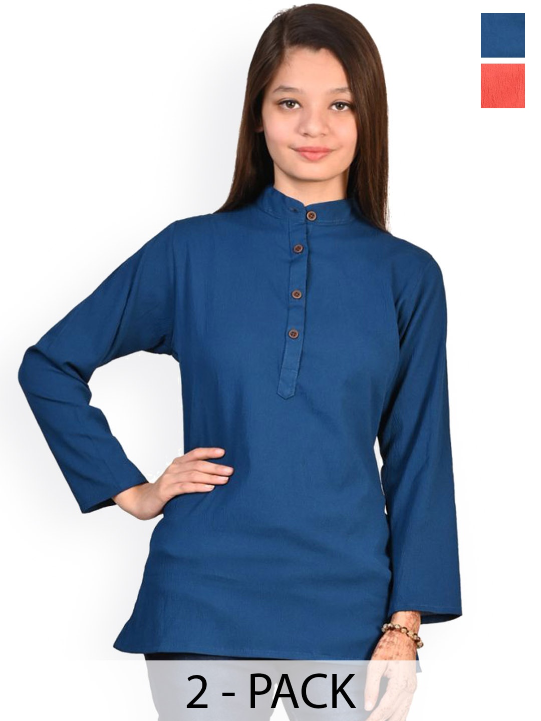 

BAESD Girls Pack Of 2 Mandarin Collar Crepe Straight Kurta, Blue