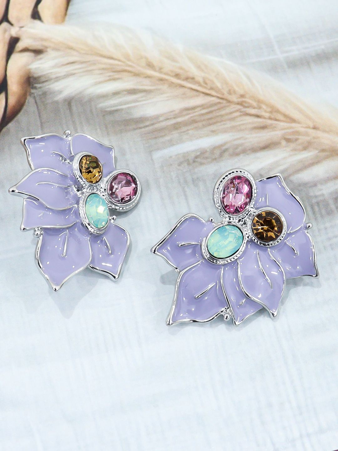 

Krelin Silver-Plated Stainless Steel Matte Resin Floral Rhinestone Acrylic Petal Studs, Lavender