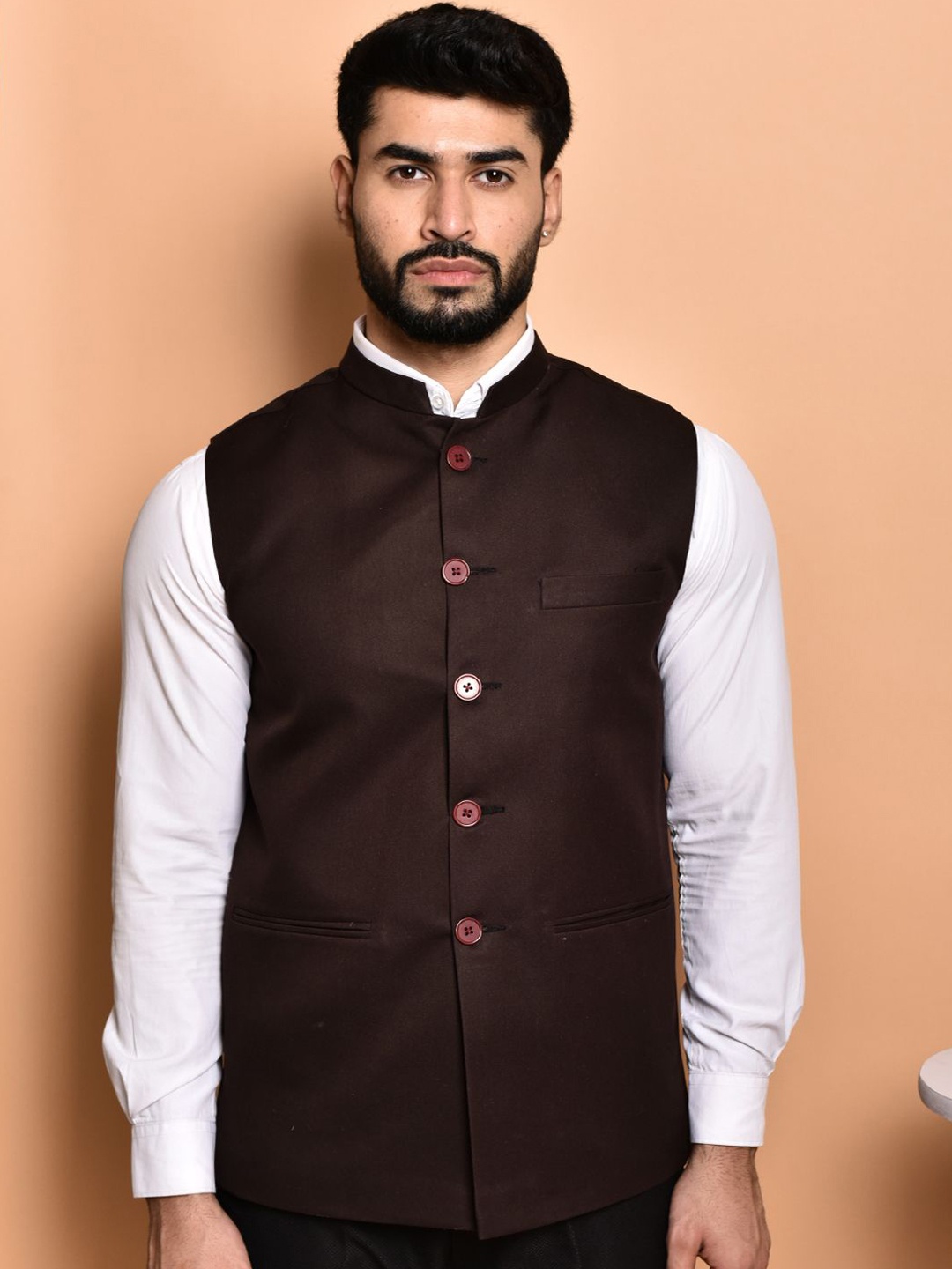

PRINTINDIA Men Mandarin Collar Woven Nehru Jacket, Brown