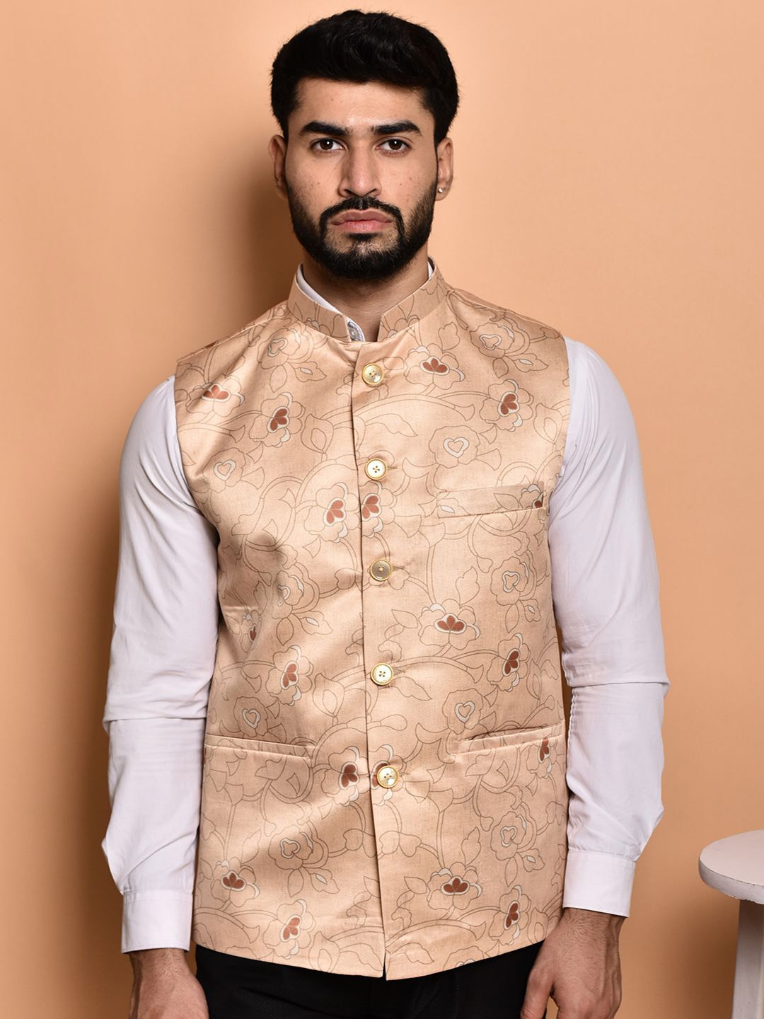 

PRINTINDIA Woven Design Nehru Jacket, Peach