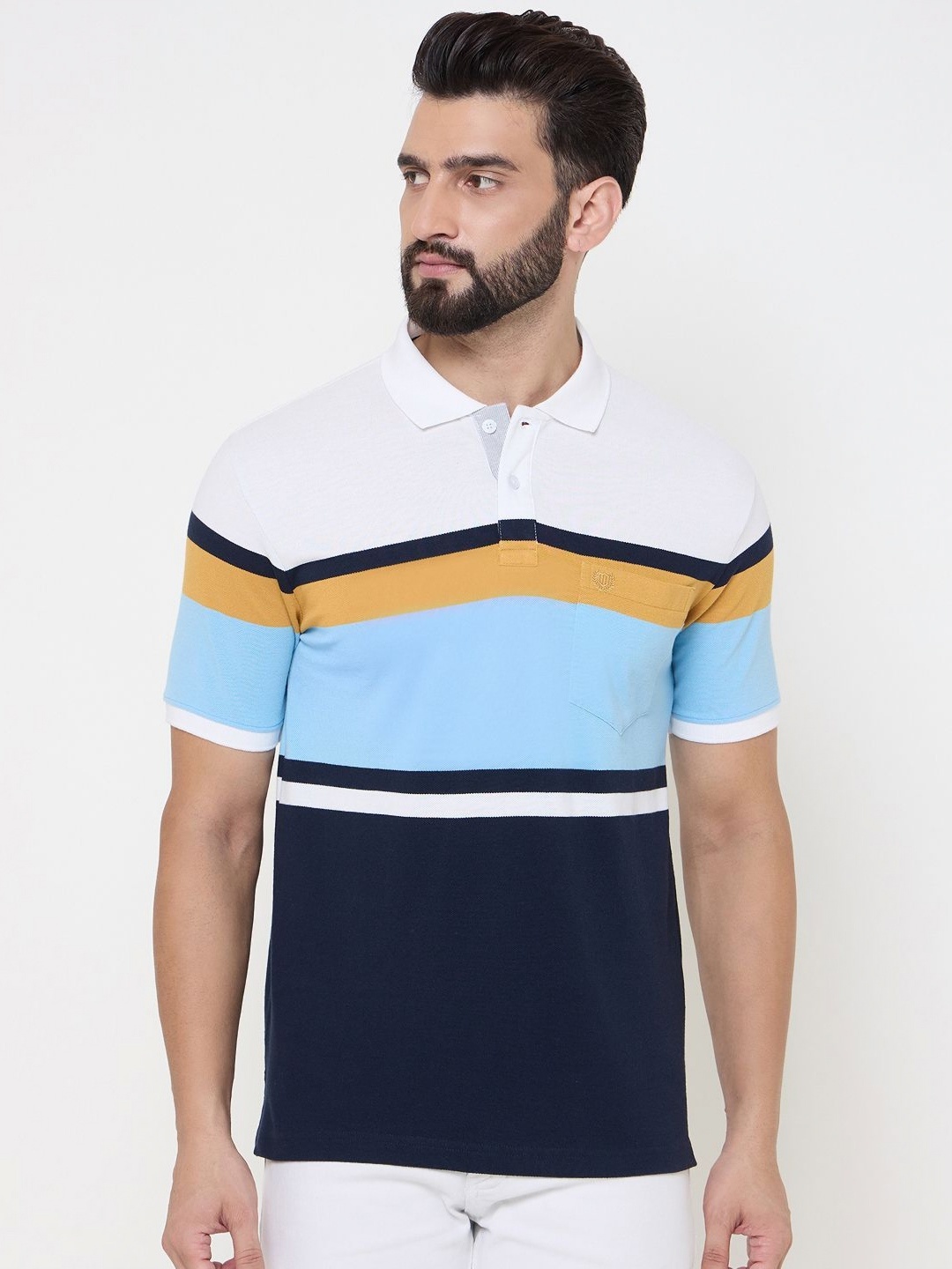 

Duke Men Striped Polo Collar Cotton T-shirt, Navy blue