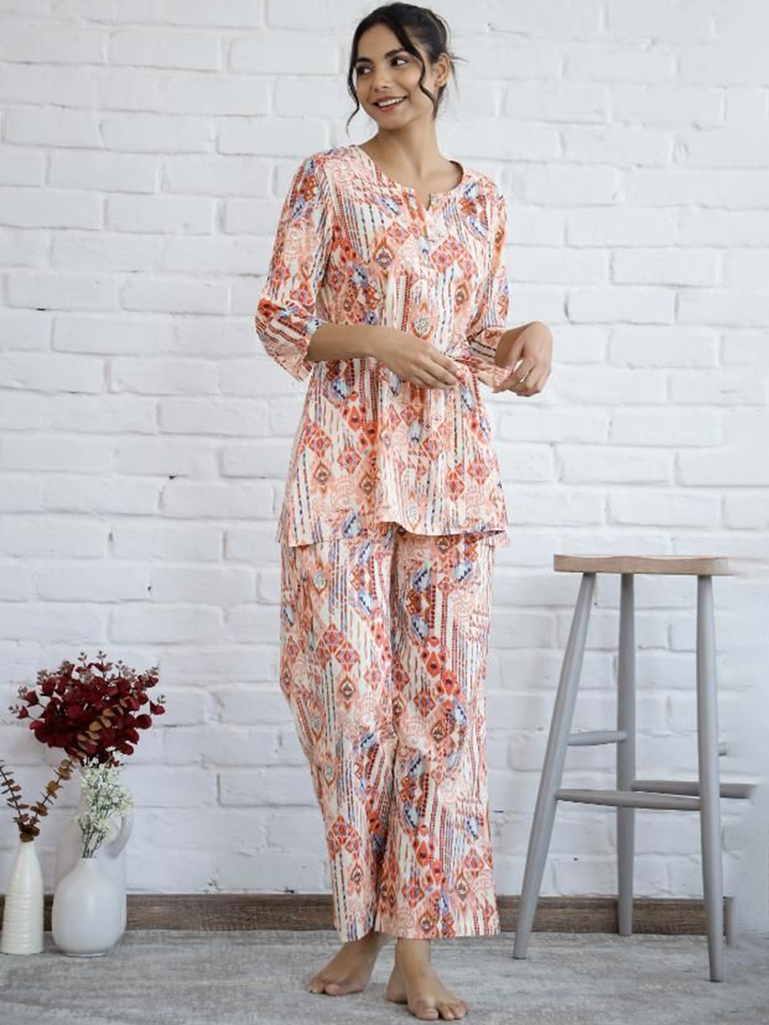 

FLAVIA CREATION Printed Top & Trousers Co-OrdsSet, Orange