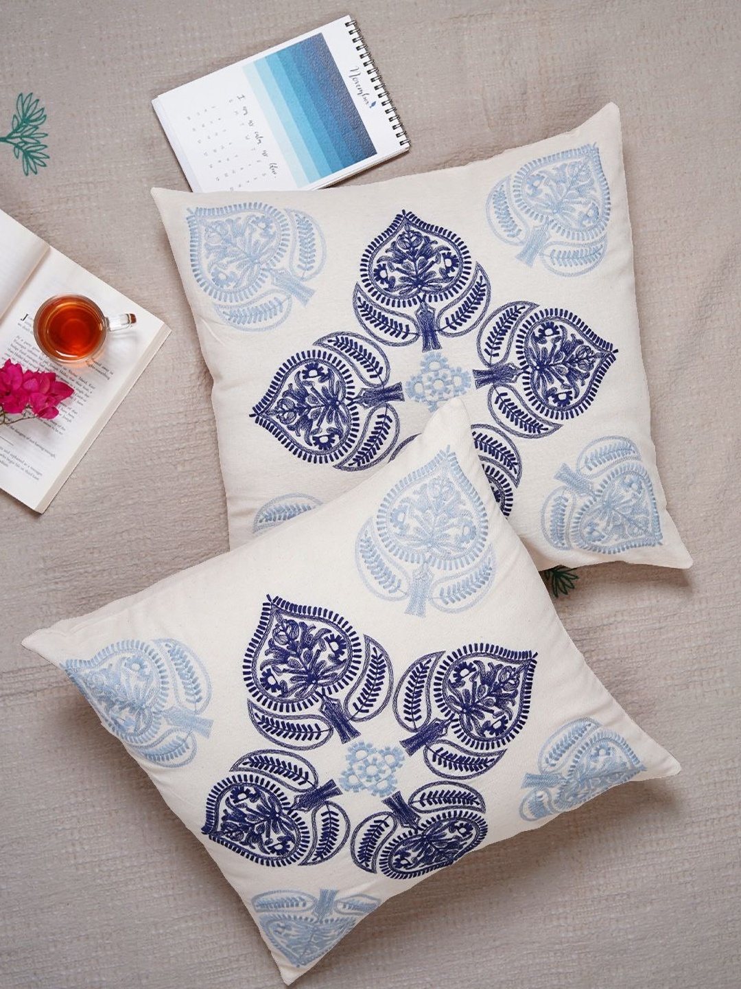 

Ratan Cart Blue 2 Pieces Ethnic Motifs Embroidered Pure Cotton Square Cushion Cover