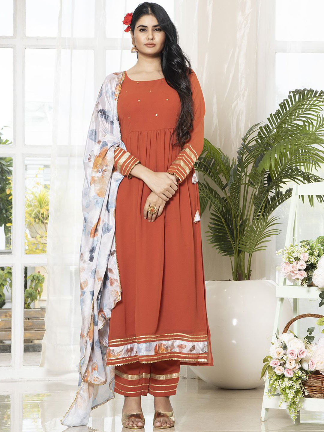 

Krimmple Round Neck Sequinned Georgette Anarkali Kurta With Trousers & Dupatta, Rust