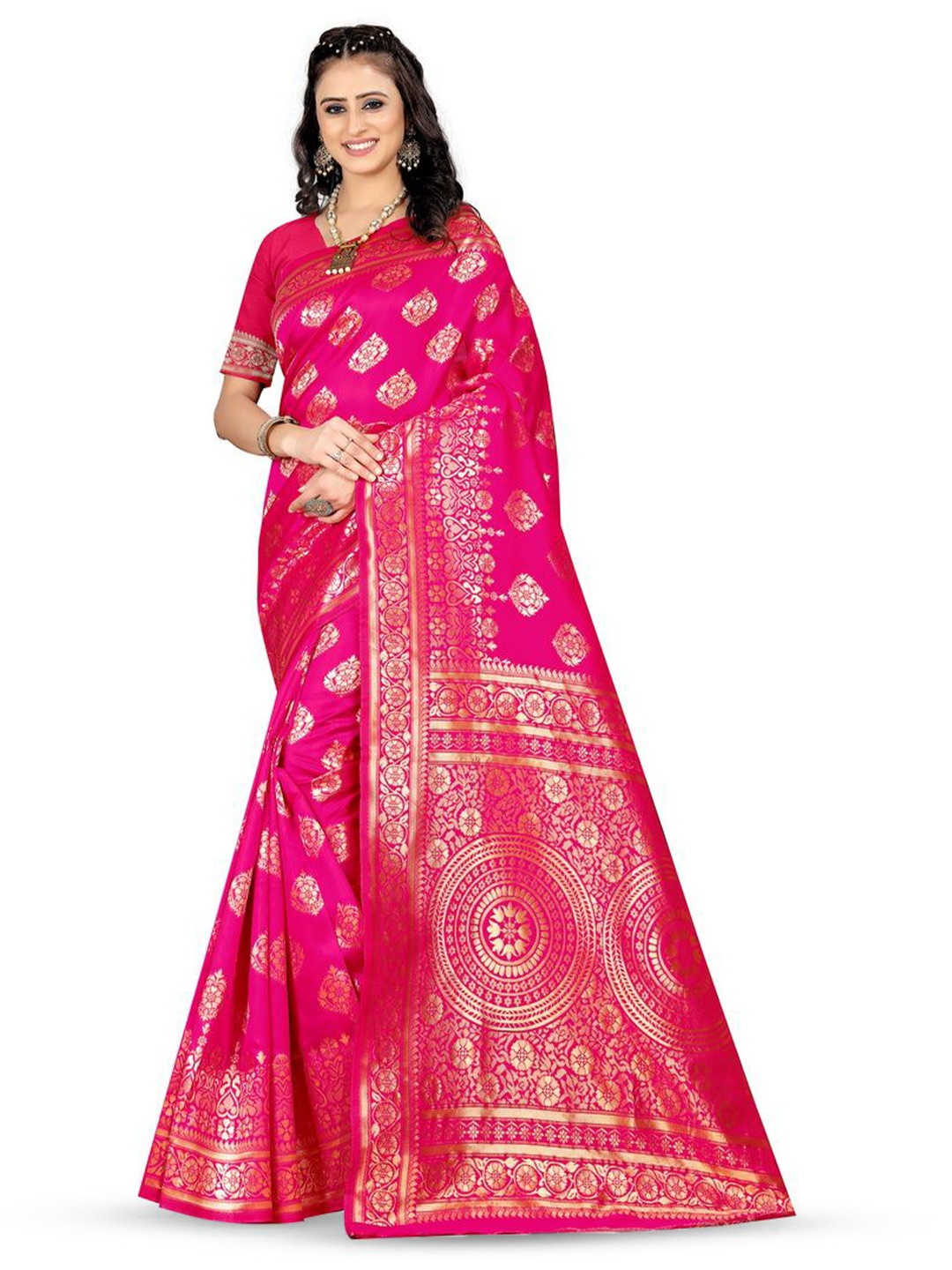 

KALINI Woven Design Zari Silk Blend Kanjeevaram Saree, Pink