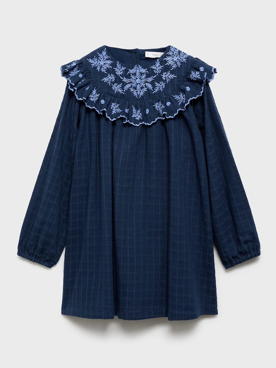 

Mango Kids Girls Self-Checked Embroidered Neck Puff Sleeves A-Line Dress, Navy blue