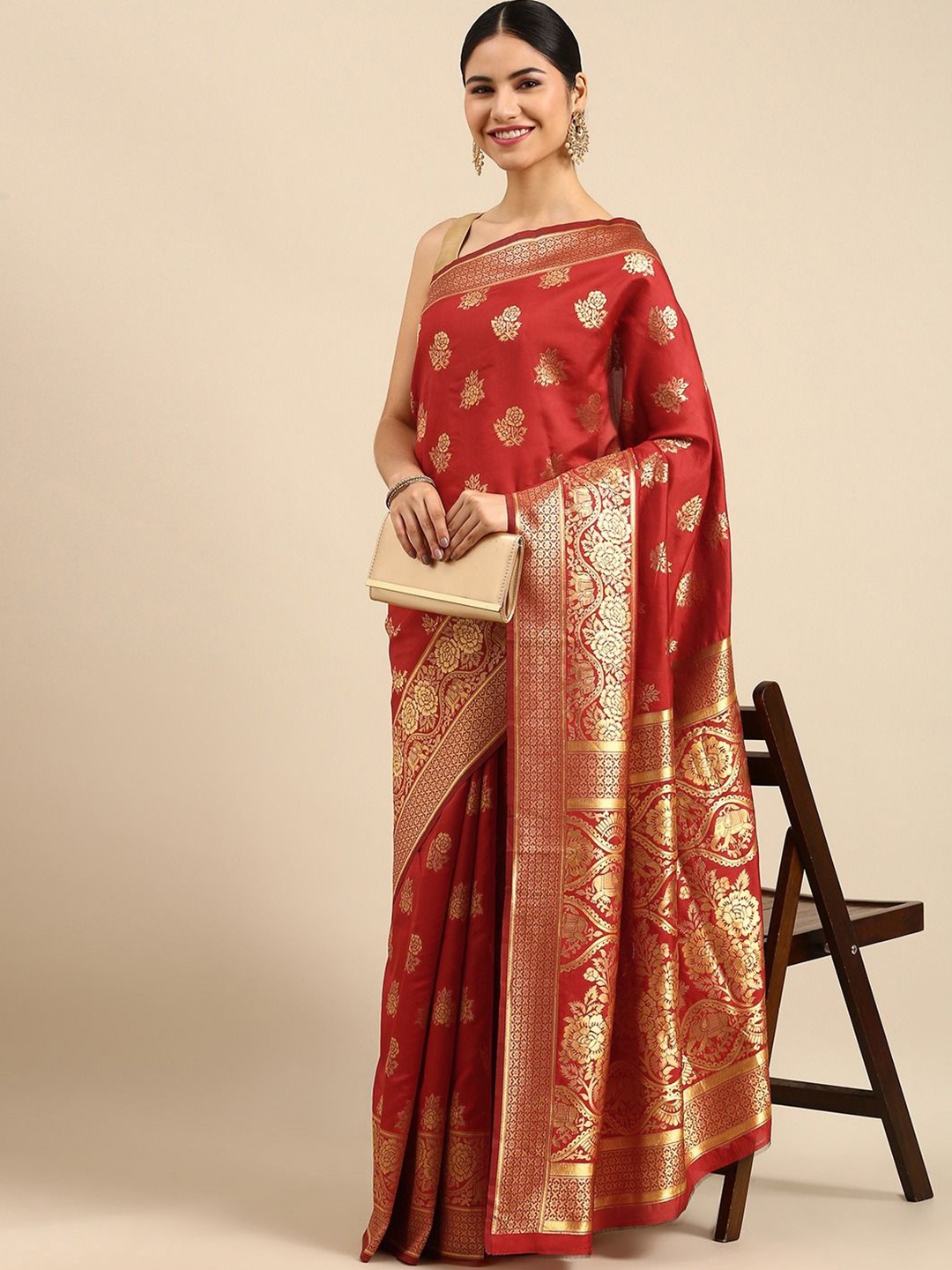 

KALINI Woven Design Zari Silk Blend Kanjeevaram Saree, Red