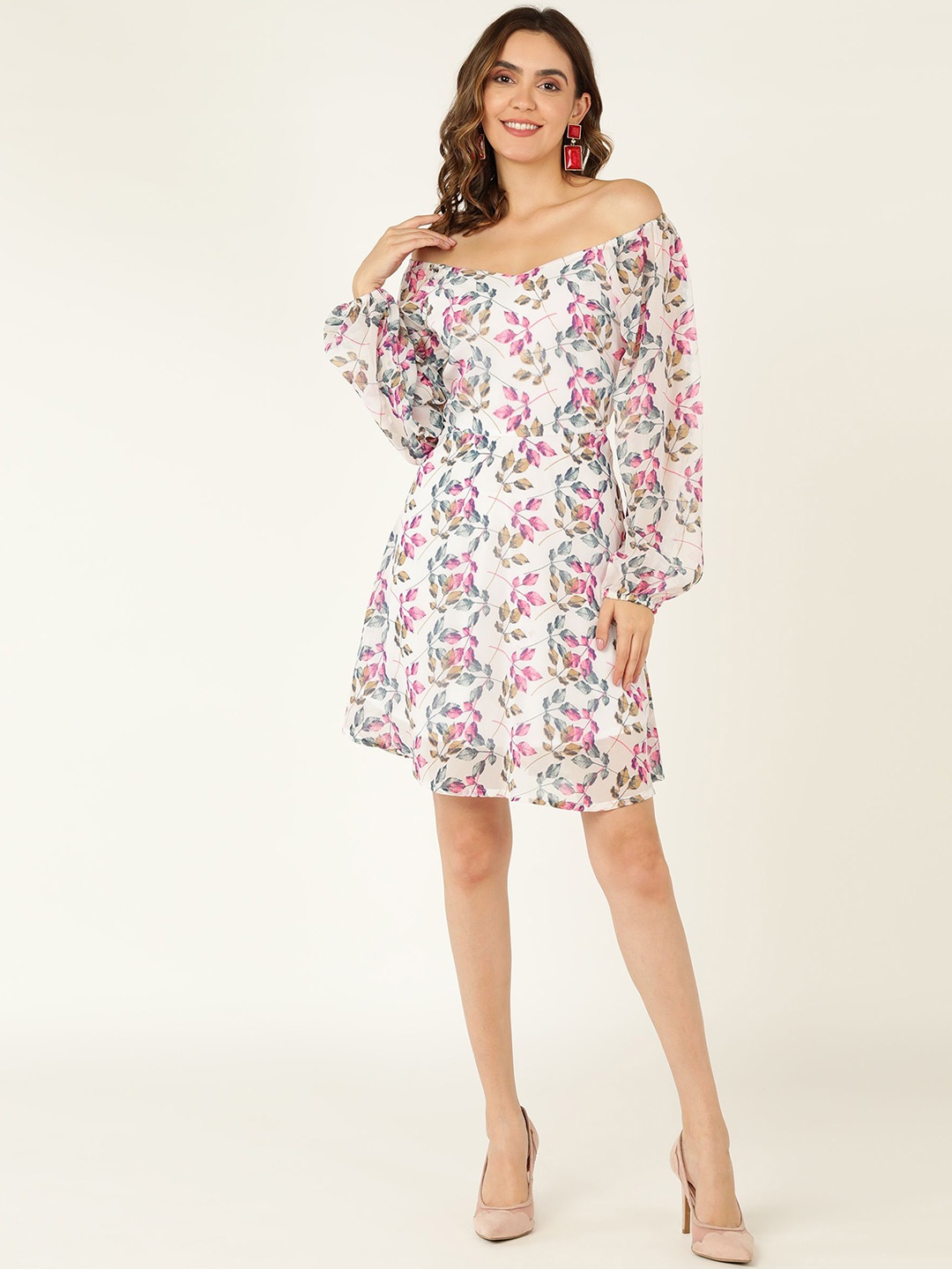 

DODO & MOA Floral Print Off-Shoulder Puff Sleeve Georgette Fit & Flare Dress, White