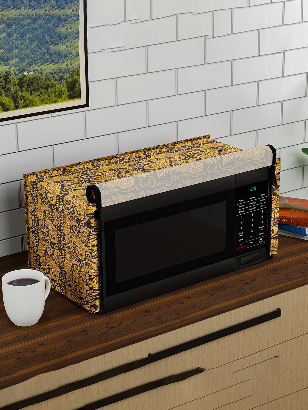 

Kuber Industries Beige & Black Printed Dust Proof Microwave cover
