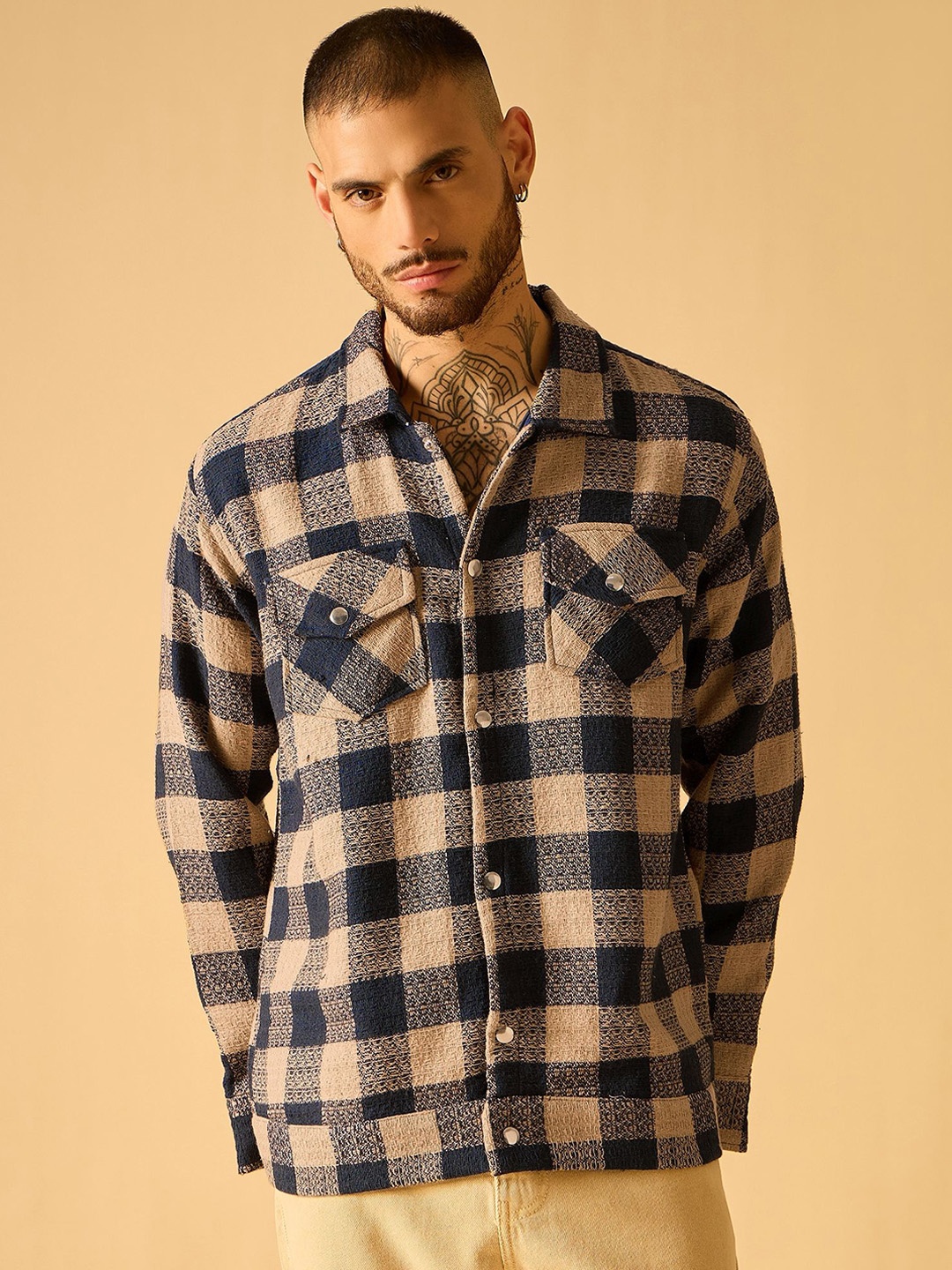 

AKS Men Checked Open Front Jacket, Navy blue