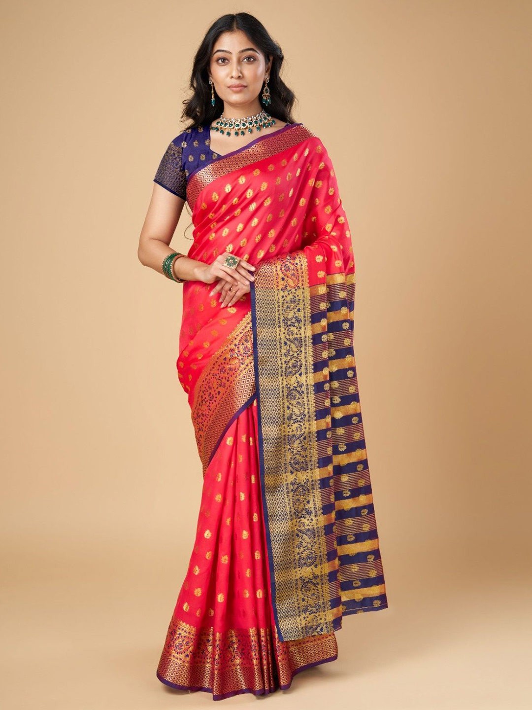 

KALINI Woven Design Silk Blend Designer Kanjeevaram Saree, Red