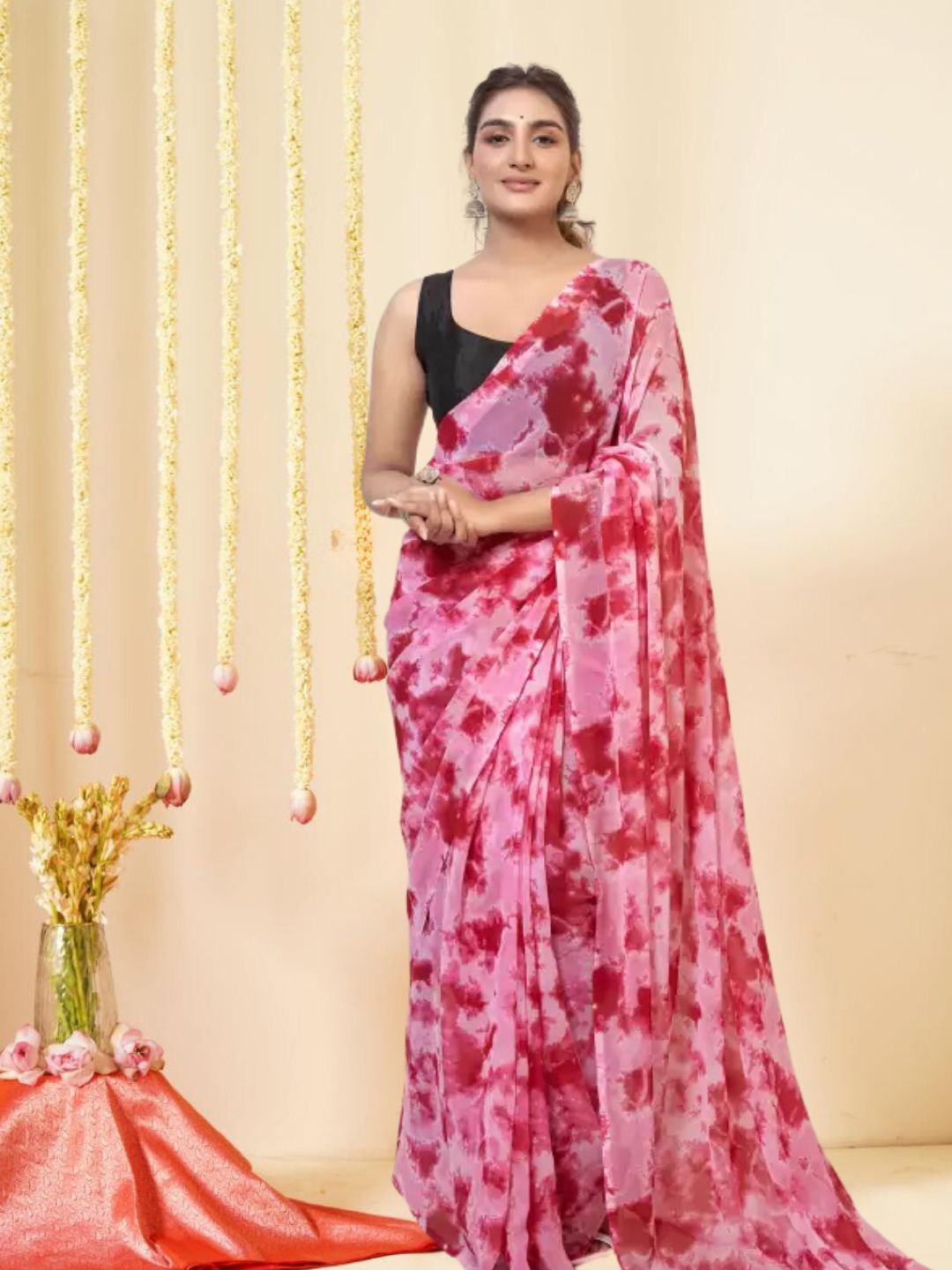 

MAGMINA Tie and Dye Pure Georgette Ready to Wear Saree, Pink