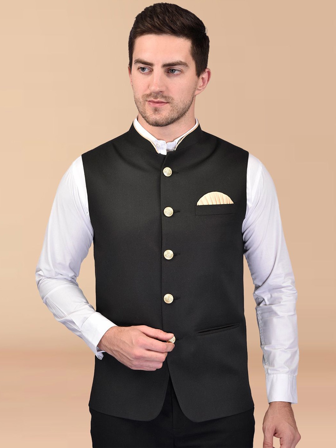 

PRINTINDIA Men Mandarin Collar Nehru Jacket, Black