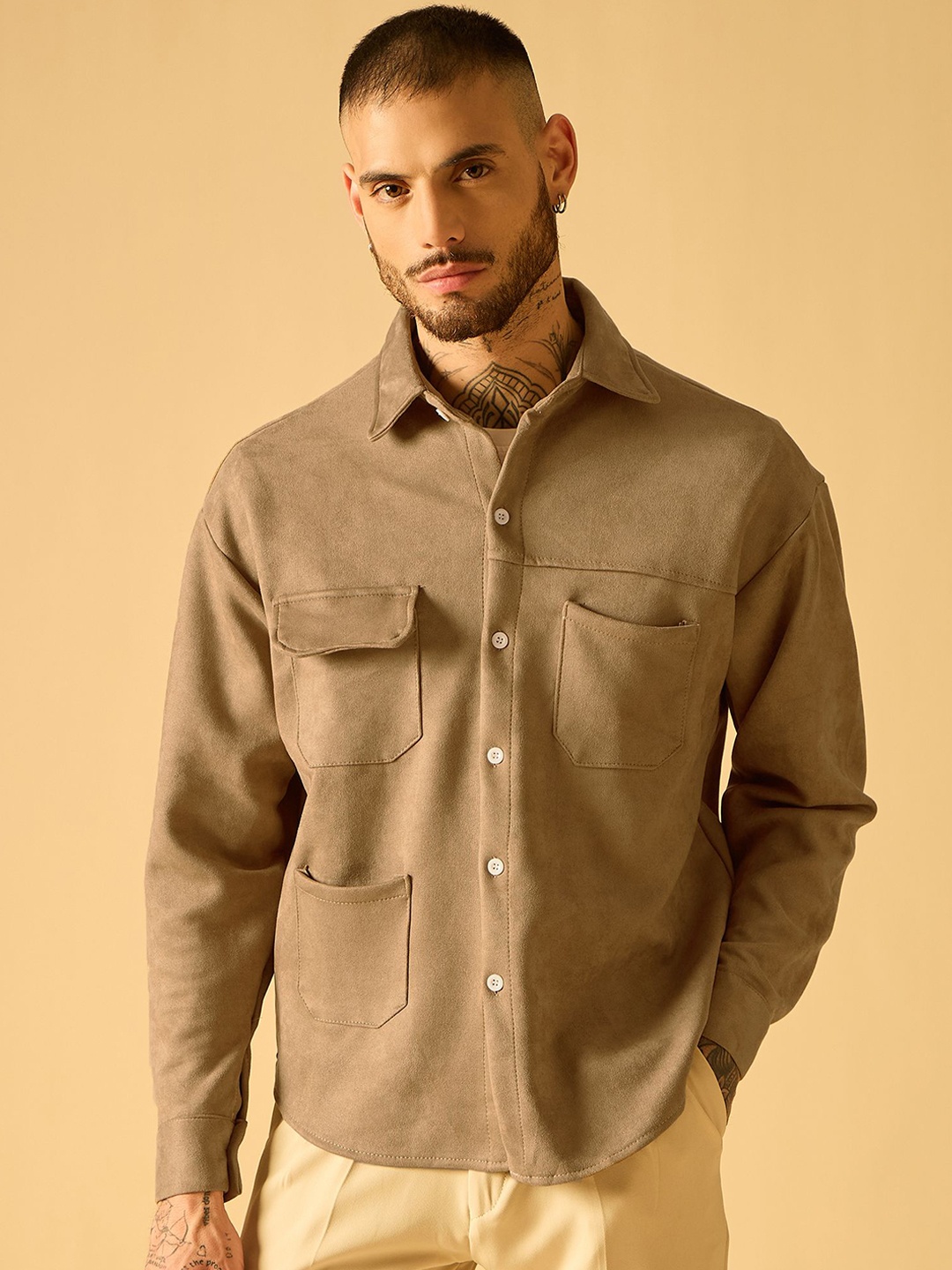 

AKS Men Suede Open Front Jacket, Brown