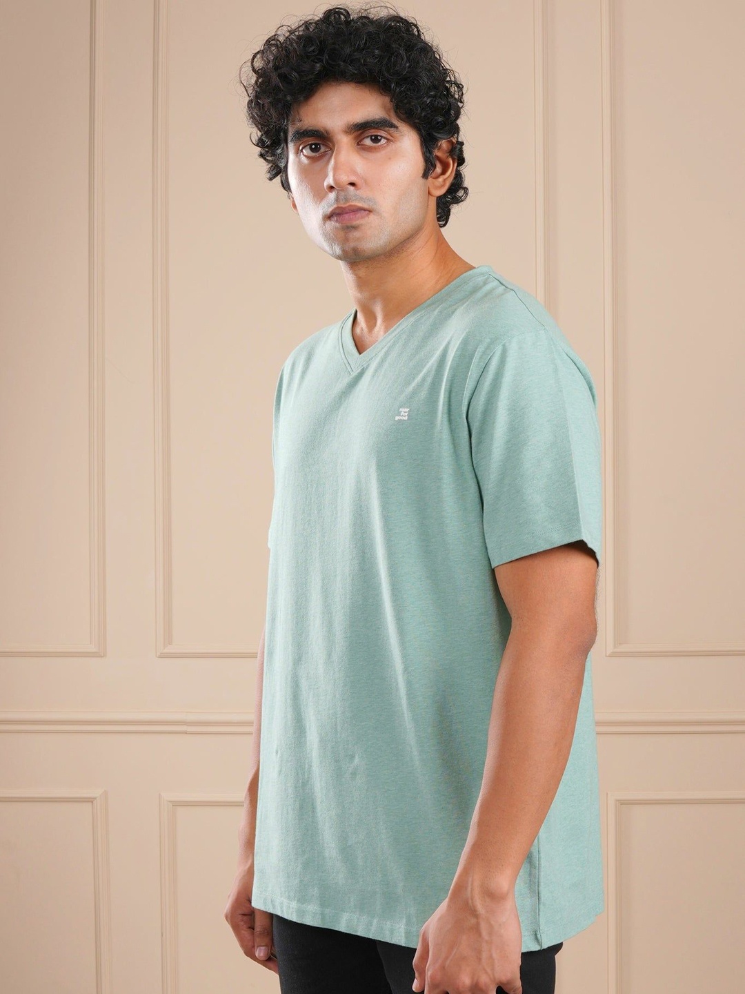 

ROAR FOR GOOD Men Solid V-Neck Organic Cotton T-shirt, Sea green
