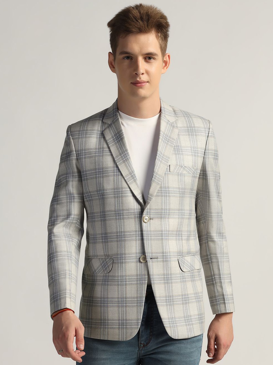

TAHVO Checked Tailored Fit Tweed Blazer, Grey