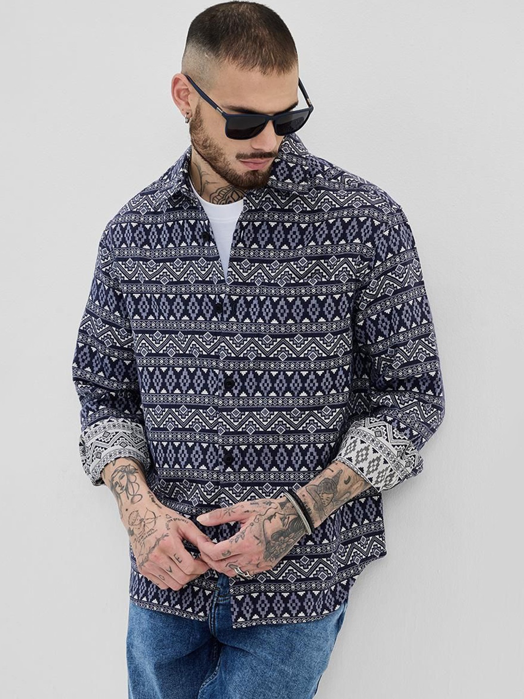 

Snitch Men Geometric Open Front Jacket, Navy blue