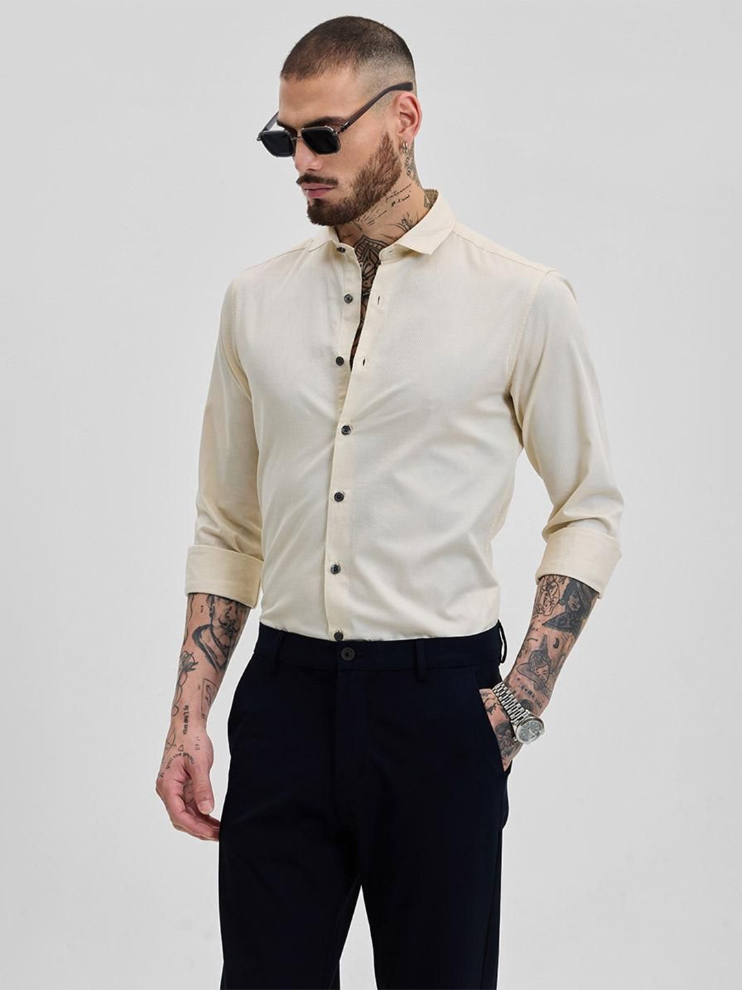 

Snitch Men Smart Slim Fit Opaque Formal Shirt, Cream