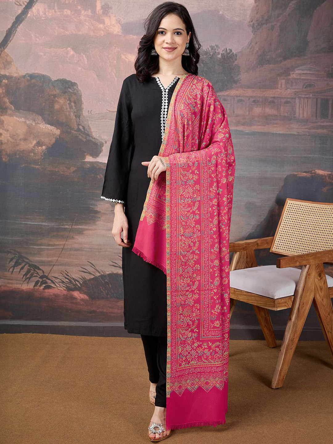 

House of Pataudi Women Floral Woven Design Shawl, Rose