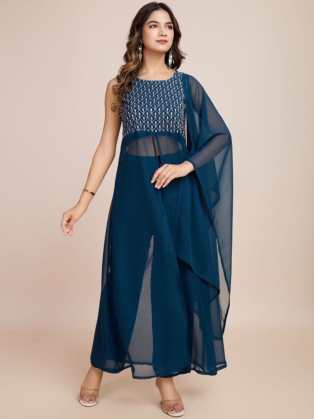 

AKSHARAM Women Embroidered Regular Sequinned Kurta with Trousers & With Dupatta, Teal
