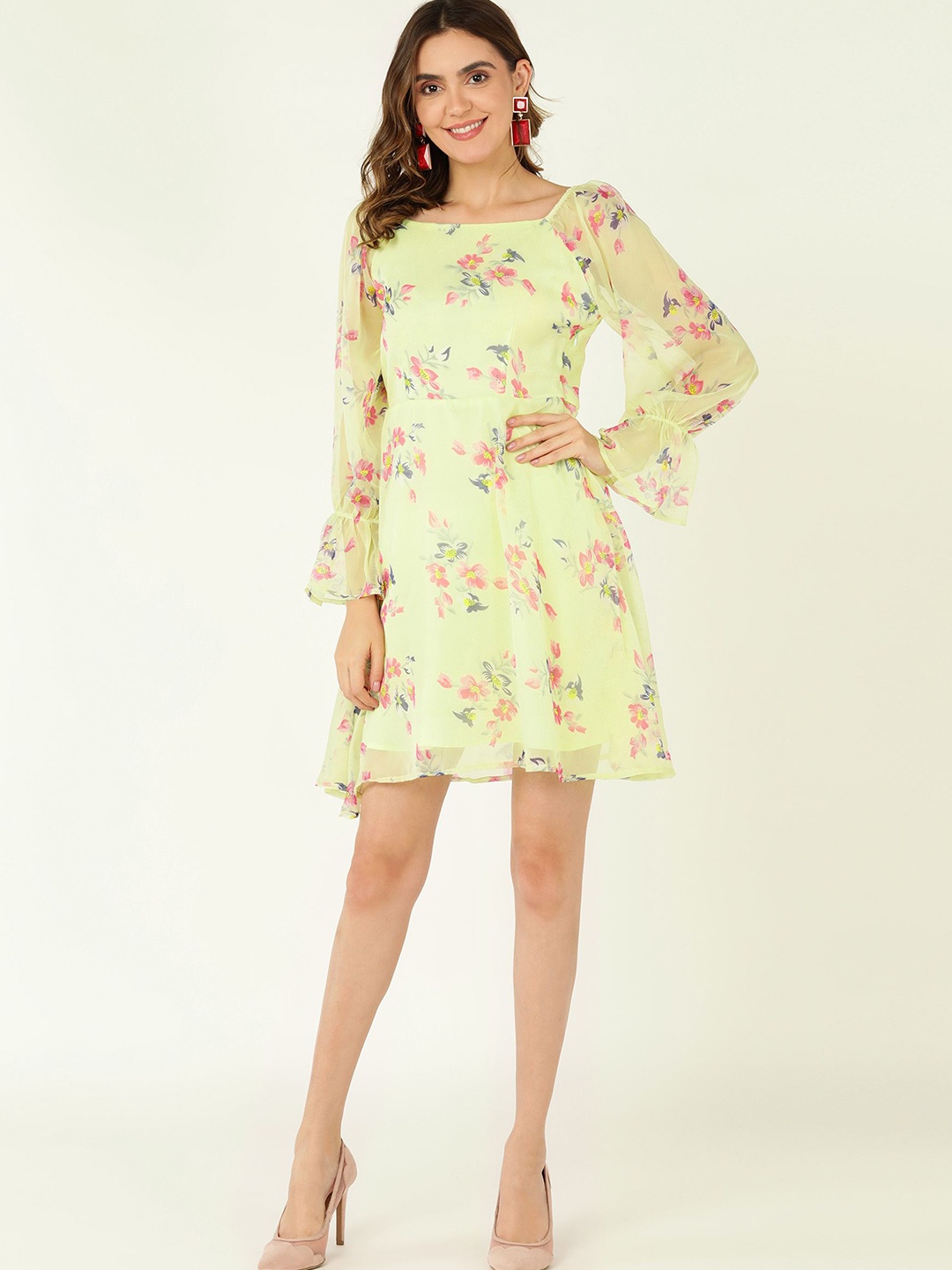 

DODO & MOA Floral Print Bell Sleeve Georgette Fit & Flare Dress, Yellow