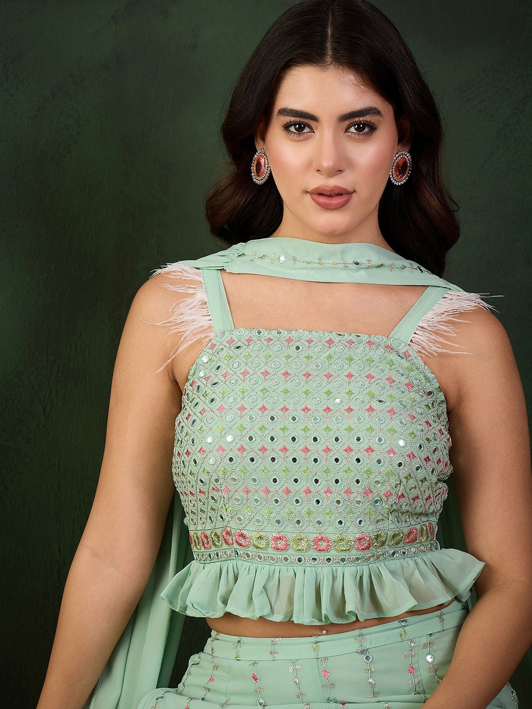 

Sangria Embellished Top, Palazzo With Dupatta Co-Ords, Sea green